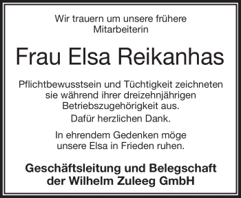 Traueranzeige von Elsa Reikanhas von Frankenpost