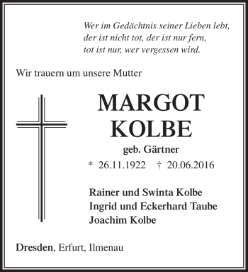 Traueranzeige von Margot Kolbe von Südthüringer Presse