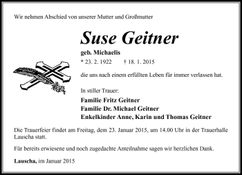 Traueranzeige von Suse Geitner von Südthüringer Presse