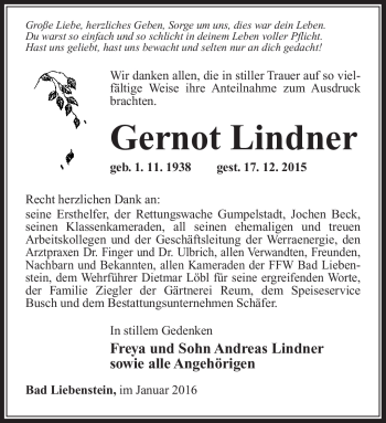 Traueranzeige von Gernot Lindner von Südthüringer Presse