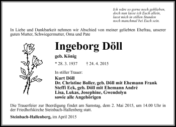 Traueranzeige von Ingeborg Döll von Südthüringer Presse