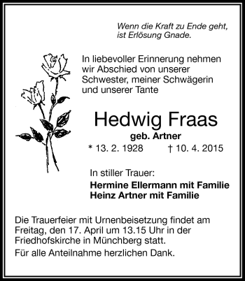 Traueranzeige von Hedwig Fraas von Frankenpost
