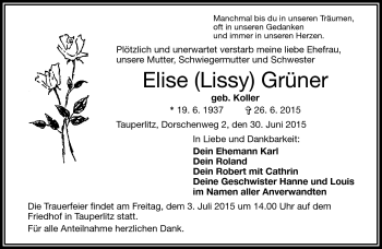 Traueranzeige von Elise (Lissy) Grüner von Frankenpost