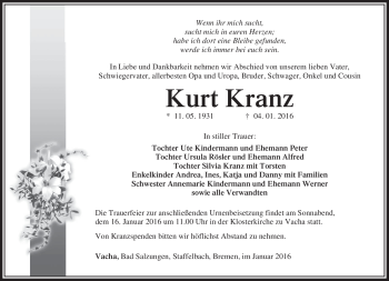 Traueranzeige von kurt Kranz von Südthüringer Presse