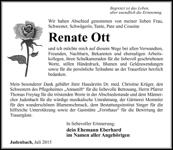 Traueranzeige von Renate Ott von Südthüringer Presse