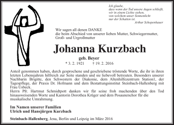 Traueranzeige von Johanna Kurzbach von Südthüringer Presse