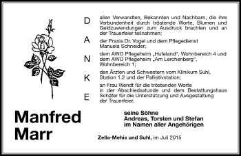 Traueranzeige von Manfred Marr von Südthüringer Presse