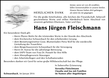 Traueranzeige von Hans-Jürgen Fleischmann von Südthüringer Presse