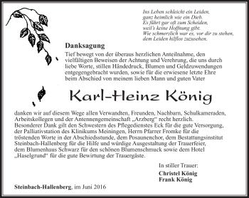 Traueranzeige von Karl-Heinz König von Südthüringer Presse