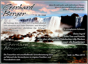 Traueranzeige von Gerhard Bergner von Südthüringer Presse