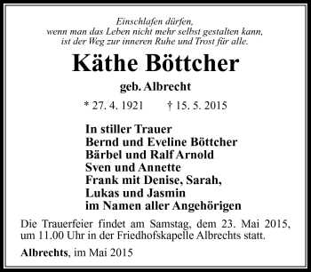 Traueranzeige von Käthe Böttcher von Südthüringer Presse