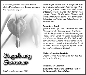 Traueranzeige von Ingeburg Sommer von Südthüringer Presse