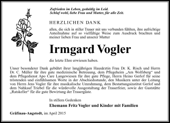 Traueranzeige von Irmgard Vogler von Südthüringer Presse