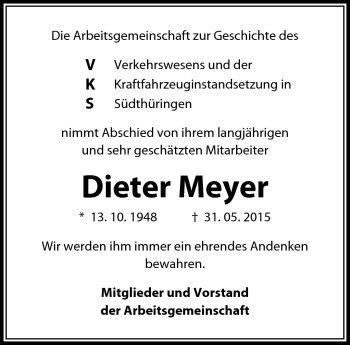 Traueranzeige von Dieter Meyer von Südthüringer Presse