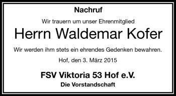 Traueranzeige von Waldemar Kofer von Frankenpost