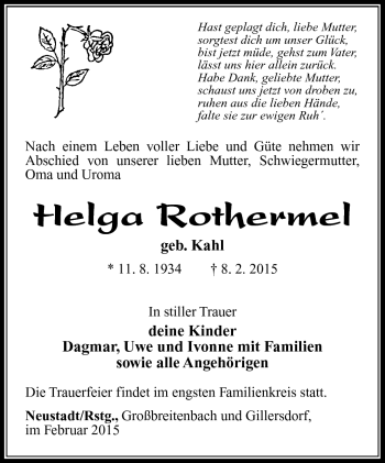 Traueranzeige von Helga Rothermel von Südthüringer Presse
