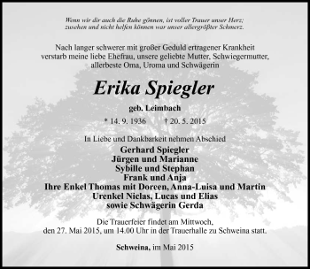 Traueranzeige von Erika Spiegler von Südthüringer Presse