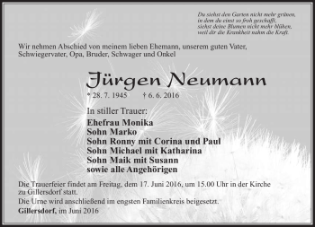 Traueranzeige von Jürgen Neumann von Südthüringer Presse