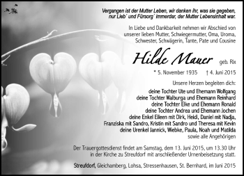 Traueranzeige von Hilde Mauer von Südthüringer Presse