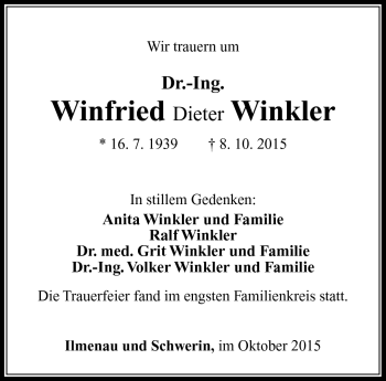 Traueranzeige von Winfried Deiter Winkler von Südthüringer Presse