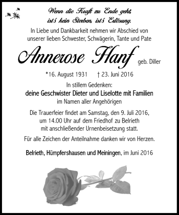 Traueranzeige von Annerose Hanf von Südthüringer Presse