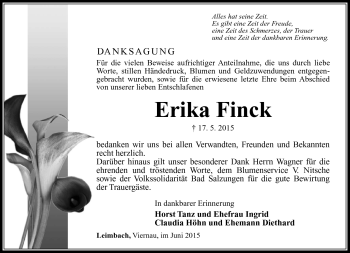 Traueranzeige von Erika Finck von Südthüringer Presse