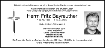 Traueranzeige von Fritz Bayreuther von Frankenpost