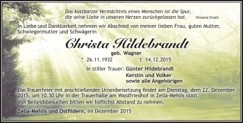 Traueranzeige von Christa Hildebrandt von Südthüringer Presse