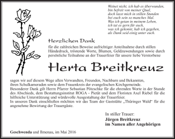 Traueranzeige von Herta Breitkreuz von Südthüringer Presse