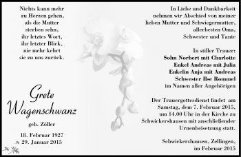 Traueranzeige von Grete Wagenschwanz von Südthüringer Presse