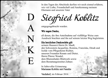 Traueranzeige von Siegfried Koblitz von Südthüringer Presse