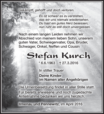 Traueranzeige von Stefan Kurch von Südthüringer Presse