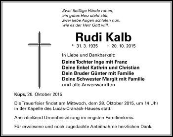 Traueranzeige von Rudi Kalb von Neue Presse Coburg