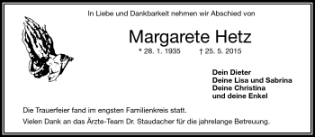 Traueranzeige von Margarete Hetz von Frankenpost