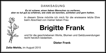 Traueranzeige von Brigitte Frank von Südthüringer Presse