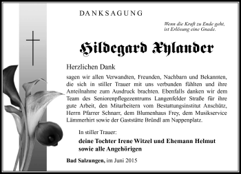 Traueranzeige von Hildegard Xylander von Südthüringer Presse