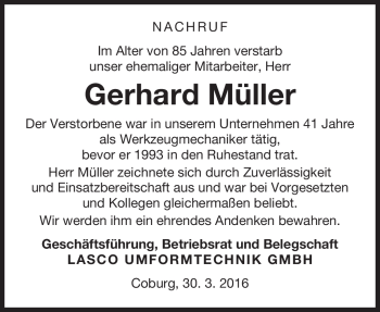Traueranzeige von Gerhard Müller von Neue Presse Coburg