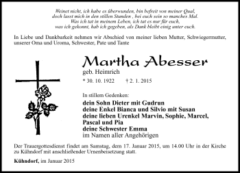 Traueranzeige von Martha Abesser von Südthüringer Presse