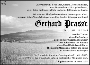 Traueranzeige von Gerhard Prasse von Südthüringer Presse