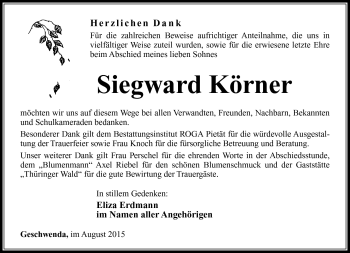 Traueranzeige von Siegward Körner von Südthüringer Presse