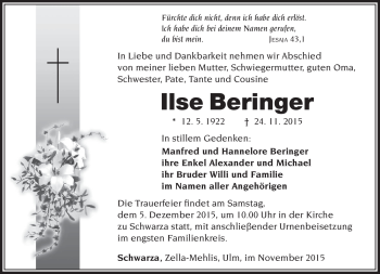 Traueranzeige von Ilse Beringer von Südthüringer Presse