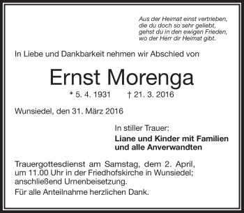 Traueranzeige von Ernst Morenga von Frankenpost