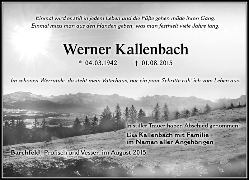  Traueranzeige für Werner Kallenbach vom 19.08.2015 aus Südthüringer Presse