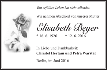 Traueranzeige von Elisabeth Beyer von Südthüringer Presse