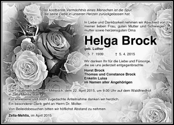 Traueranzeige von Helga Brock von Südthüringer Presse