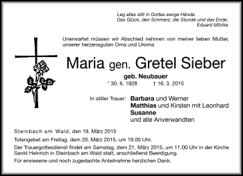 Traueranzeige von Maria Sieber von Neue Presse Coburg
