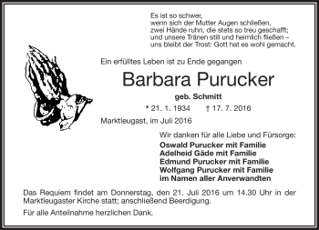 Traueranzeige von Barbara Purucker von Frankenpost