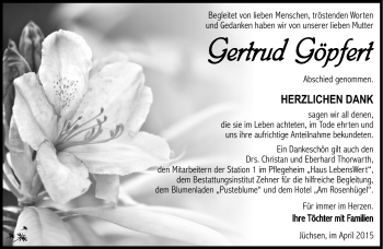 Traueranzeige von Gertrud Göpfert von Südthüringer Presse