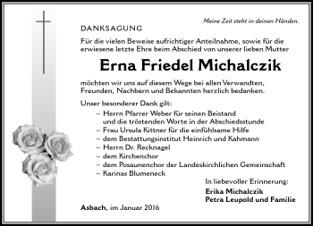 Traueranzeige von Erna Friedel Michalczik von Südthüringer Presse