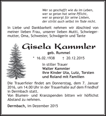 Traueranzeige von Gisela Kammler von Südthüringer Presse